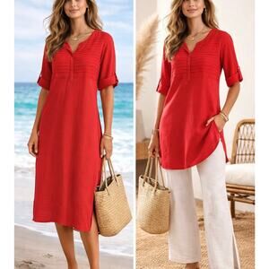 Fabindia Red Cotton Kurti Tunic Dress Women's M Pintuck Boho India Resort Shift